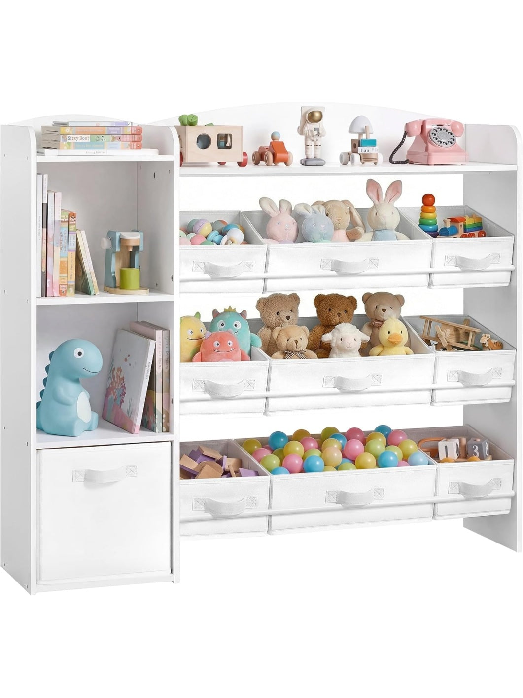 Regal dzieciecy Montessori na zabawki, 2 otwarte polki, 10 schowkow, organizer do pokoju dzieciecego, 30 x 113,1 x 104 cm